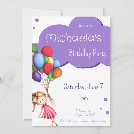 Paars meisje dat rond drijft met ballonnen van afg kaart (Voorkant)