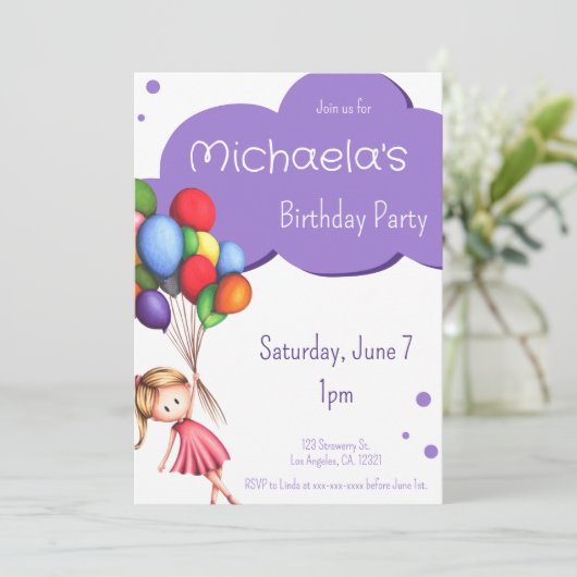 Paars meisje dat rond drijft met ballonnen van afg kaart (Staand voorkant)