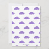 Paars meisje dat rond drijft met ballonnen van afg kaart (Achterkant)