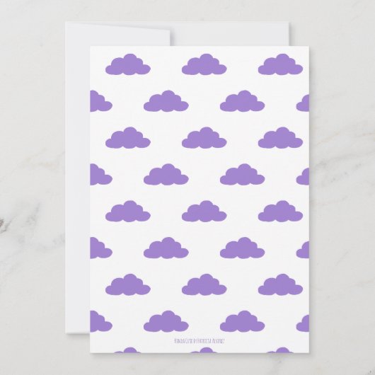 Paars meisje dat rond drijft met ballonnen van afg kaart (Achterkant)