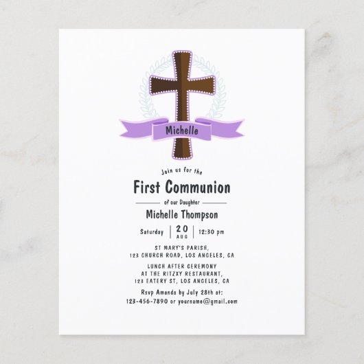 Paars meisje eerste heilige communie flyer (Voorkant)