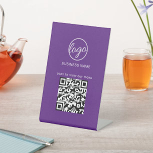 Paars menu Restaurants voor zakelijke Logo QR-code Reclamebord Met Voetstuk