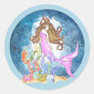 Paars Mermaid Waterverf Wereldbol Ronde Sticker
