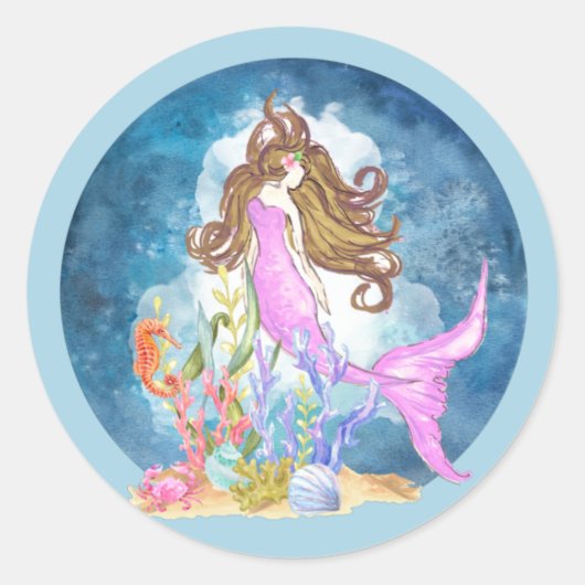Paars Mermaid Waterverf Wereldbol Ronde Sticker (Voorkant)