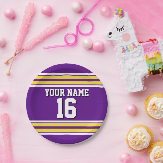 Paars met Gele Witte Stripes Team Jersey Papieren Bordje (Feest)