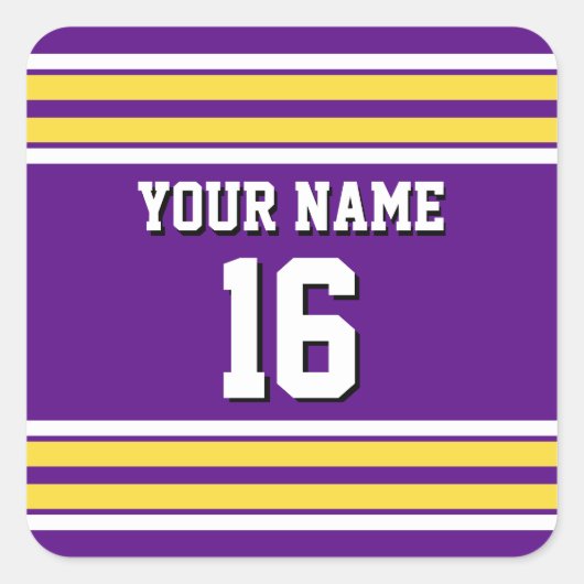 Paars met Gele Witte Stripes Team Jersey Vierkante Sticker (Voorkant)