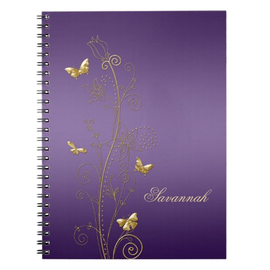 Paars met Gold Floral Butterflies-laptops Notitieboek (Voorkant)