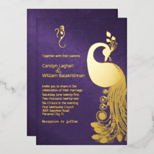 Paars met Gold Peacock en Ganesha Wedding Folie Uitnodiging