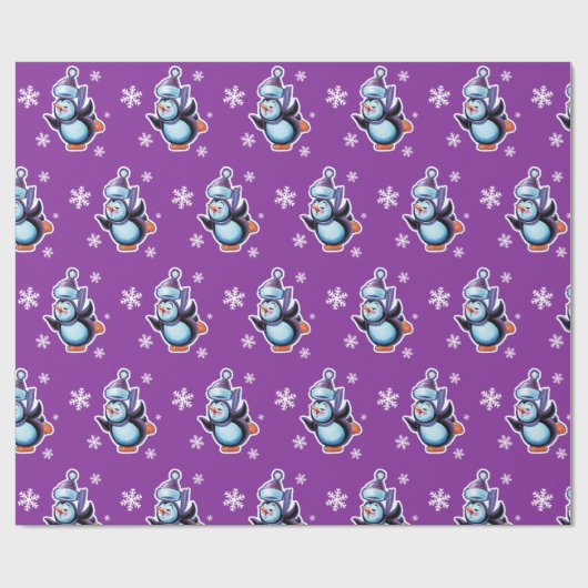 Paars met huidpinguïn glossy cadeaupapier (Vlak)