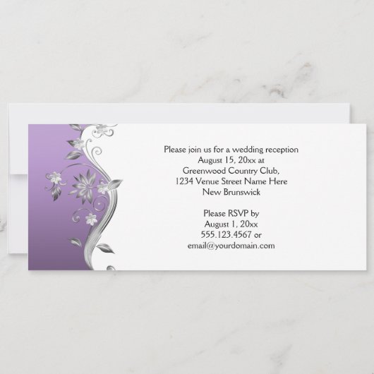 Paars met sierlijke zilveren bloemen en krullen re kaart (Achterkant)
