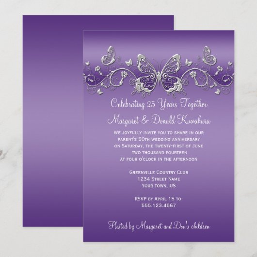 Paars met Silver Butterflies 25e Jubileum Kaart (Voorkant / Achterkant)