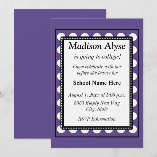 Paars met witte Stippen van af naar college uitnod Kaart (Voorkant / Achterkant)