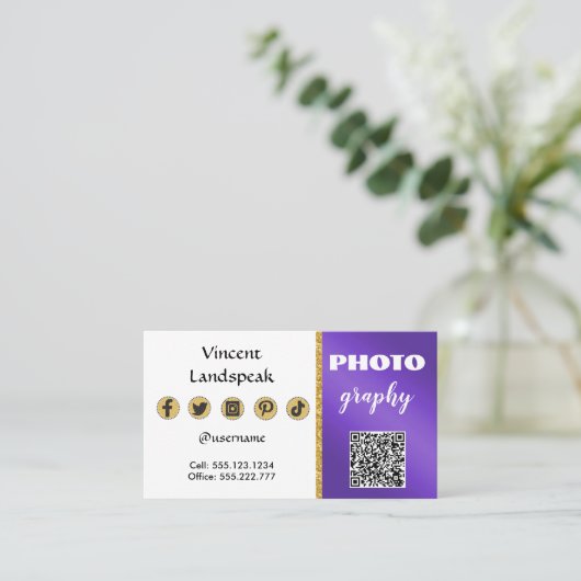 Paars metaalgoud Glitter QR-code Fotografie Visitekaartje (Staand voorkant)