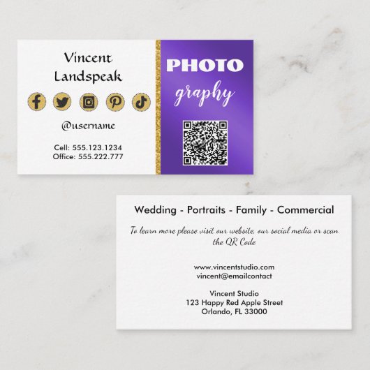 Paars metaalgoud Glitter QR-code Fotografie Visitekaartje (Voorkant / Achterkant)