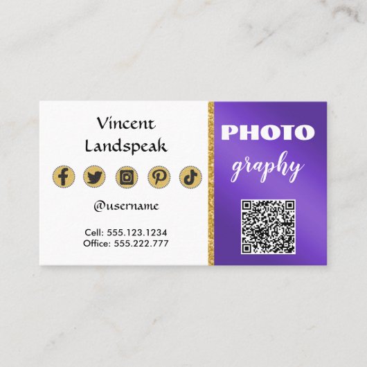 Paars metaalgoud Glitter QR-code Fotografie Visitekaartje (Voorkant)