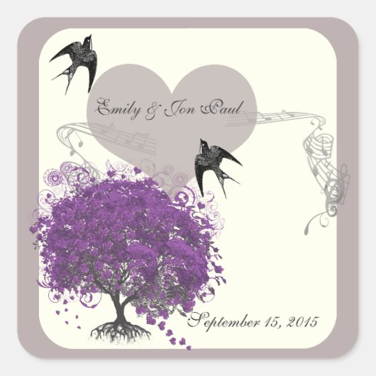 Paars-Mink Heart Leaf Tree Weddings Vierkante Sticker (Voorkant)