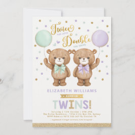 Paars Mint Teddy Bear Balloon Twin Baby shower Kaart