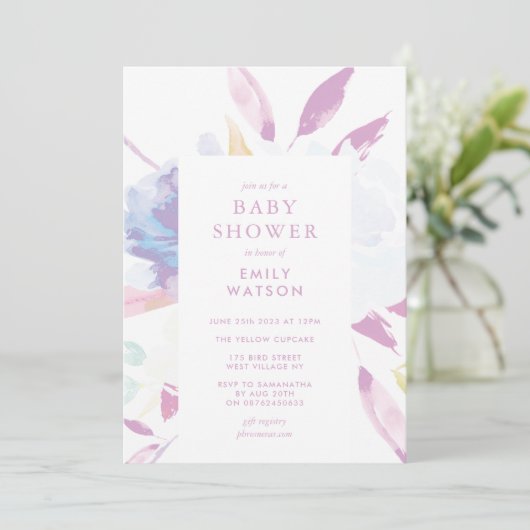 Paars modern Baby shower Waterverf Kaart (Staand voorkant)