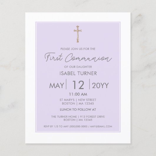 Paars | Modern Eerste Communiebegroting Uitnodigin (Voorkant)