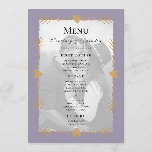 Paars Modern Foto Gouden Harten Trouwmenu Menu (Voorkant)