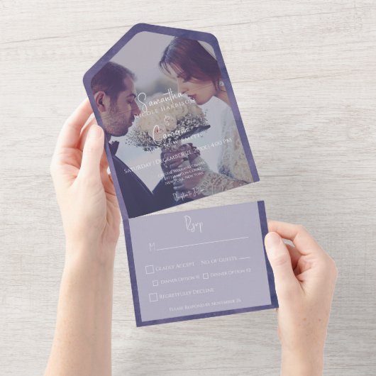 Paars modern fotodiner all in one uitnodiging (Afscheurbaar)