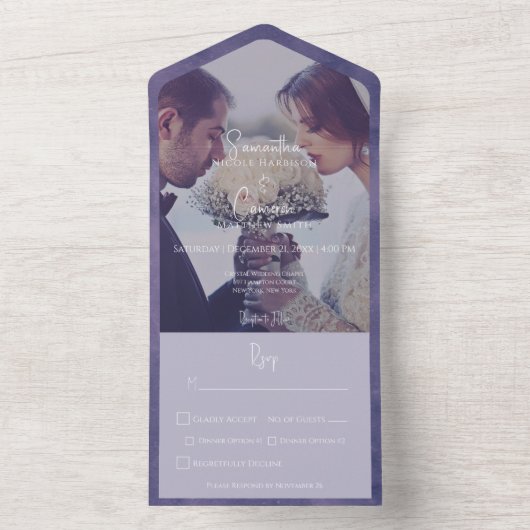 Paars modern fotodiner all in one uitnodiging (Binnen)