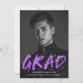 Paars | Modern Paint Splatter Photo Afstuderen Aankondiging (Voorkant)