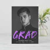 Paars | Modern Paint Splatter Photo Afstuderen Aankondiging (Staand voorkant)