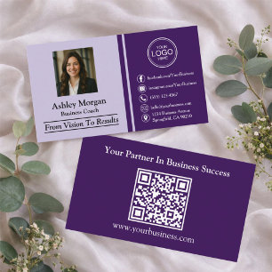 Paars Modern Professioneel Aangepaste Foto & QR-co Visitekaartje
