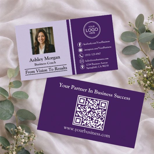 Paars Modern Professioneel Aangepaste Foto & QR-co Visitekaartje