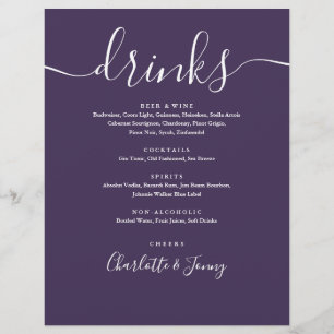Paars modern script huwelijksdrankenmenu flyer