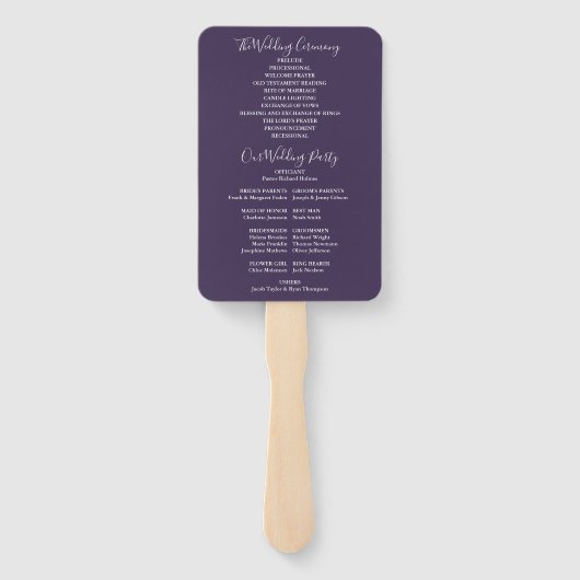 Paars modern script huwelijksprogramma handventila handwaaier (Achterkant)
