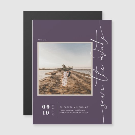 Paars | Moderne minimale opslagdatum foto Magnetische Uitnodiging (Voorkant / Achterkant)