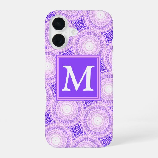 Paars monogram cirkelpatroon iPhone 16 hoesje (Achterkant)