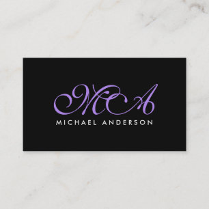 Paars Monogram Elegant Schrift Zwarte Achtergrond Visitekaartje