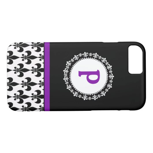 Paars Monogram Fleur de Lis Pattern Case-Mate iPhone Case (Achterkant (Horizontaal))
