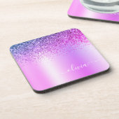 Paars monogram Glitter Sparkle Girly Script Bier Onderzetter (Linkerzijde)
