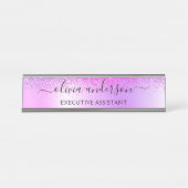 Paars monogram Glitter Sparkle Girly Script Bureau Naambordje (Voorkant)