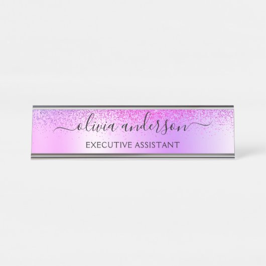 Paars monogram Glitter Sparkle Girly Script Bureau Naambordje (Voorkant)