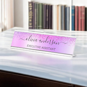 Paars monogram Glitter Sparkle Girly Script Bureau Naambordje