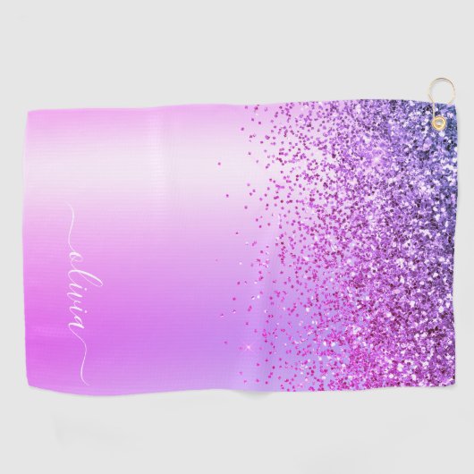 Paars monogram Glitter Sparkle Girly Script Golfhanddoek (Horizontaal)