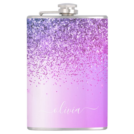 Paars monogram Glitter Sparkle Girly Script Heupfles (Voorkant)