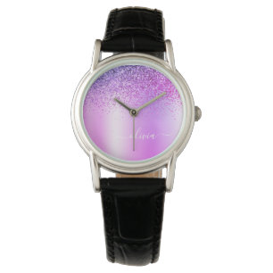 Paars monogram Glitter Sparkle Girly Script Horloge