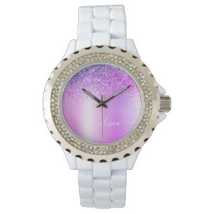 Paars monogram Glitter Sparkle Girly Script Horloge