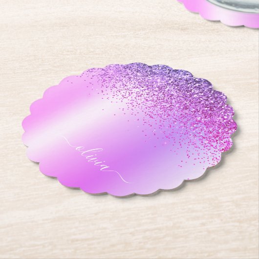 Paars monogram Glitter Sparkle Girly Script Kartonnen Onderzetters (Gekanteld)