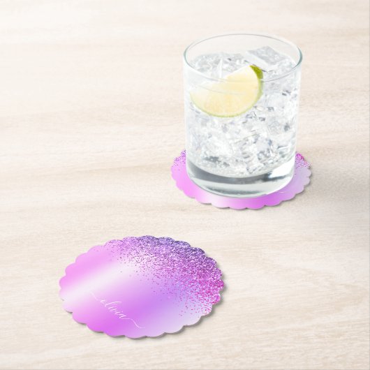 Paars monogram Glitter Sparkle Girly Script Kartonnen Onderzetters (Insitu)