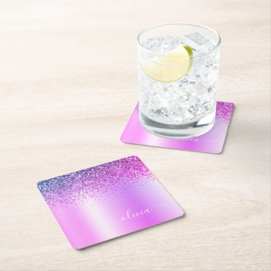 Paars monogram Glitter Sparkle Girly Script Kartonnen Onderzetters (Insitu)