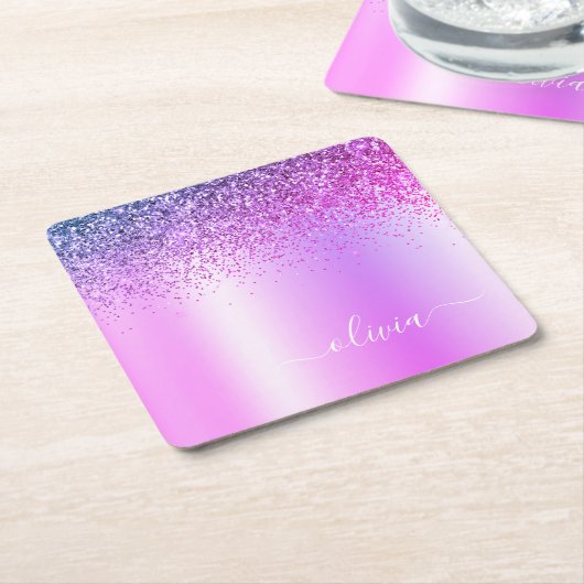 Paars monogram Glitter Sparkle Girly Script Kartonnen Onderzetters (Schuin)