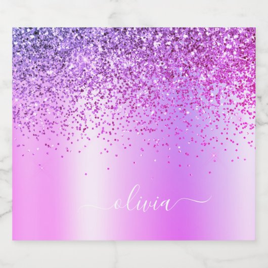 Paars monogram Glitter Sparkle Girly Script Likeurfles Etiket (Enkel label)