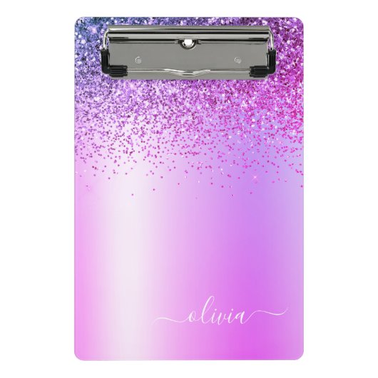 Paars monogram Glitter Sparkle Girly Script Mini Klembord (Voorkant)